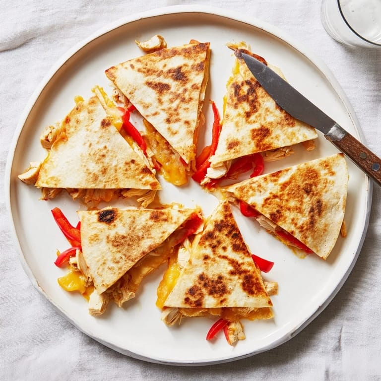 Overhead view of freshly sliced Chicken Quesadilla showing grilled chicken and sautéed peppers stuffed inside.
