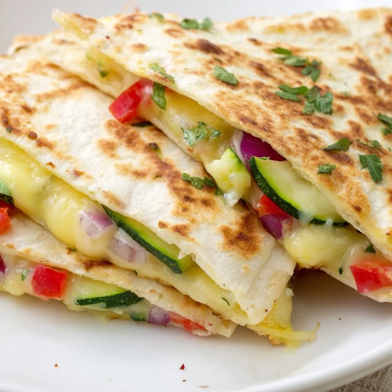 Quesadillas filled with melted Monterey Jack, bell peppers, and zucchini served with salsa verde.