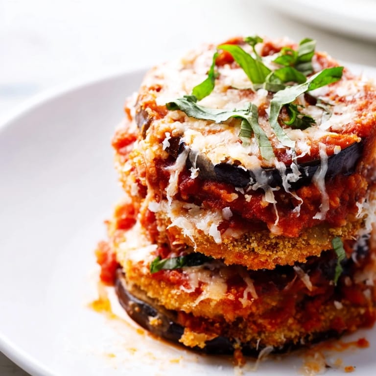 A slice of cheesy, saucy Eggplant Parmesan reveals crispy breaded edges and a rich, bubbly marinara topping.