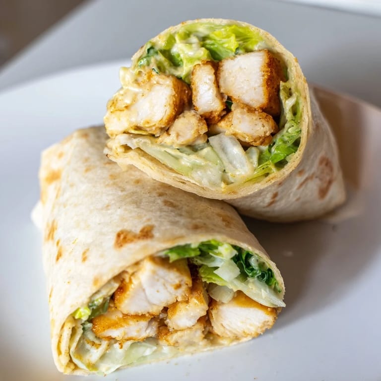 Homemade honey mustard chicken wrap served on a wooden plate, garnished with fresh greens and a side of dressing.