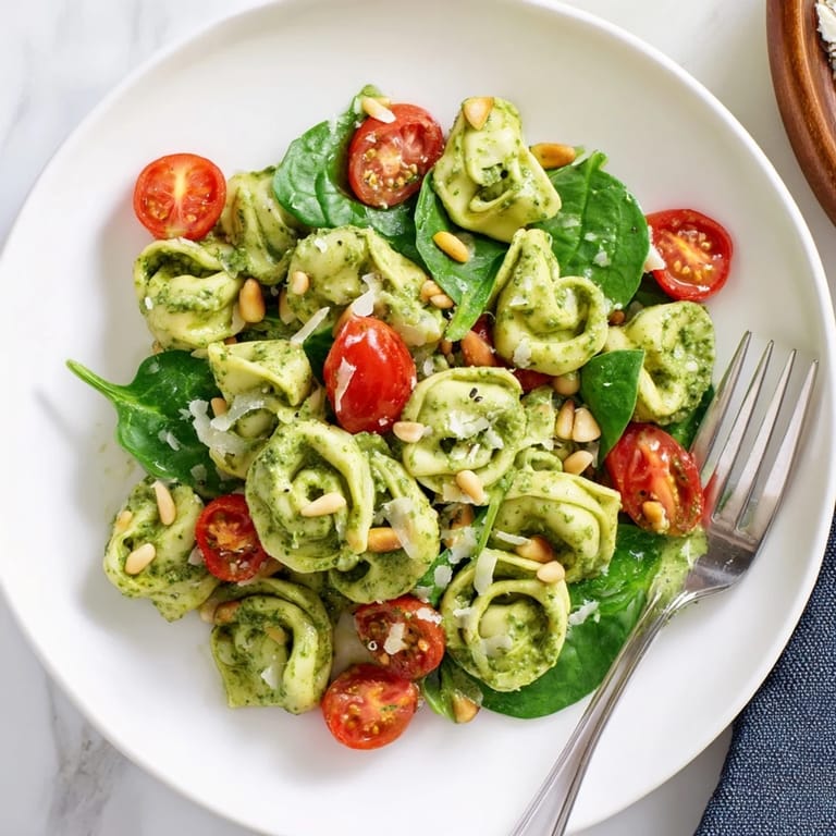 A close-up of chilled pesto tortellini salad garnished with pine nuts, ideal for a quick vegetarian meal.