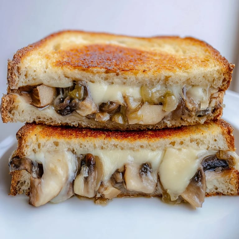 Thick slices of Mushroom Swiss Grilled Cheese reveal gooey Swiss cheese and savory mushrooms on rye bread.