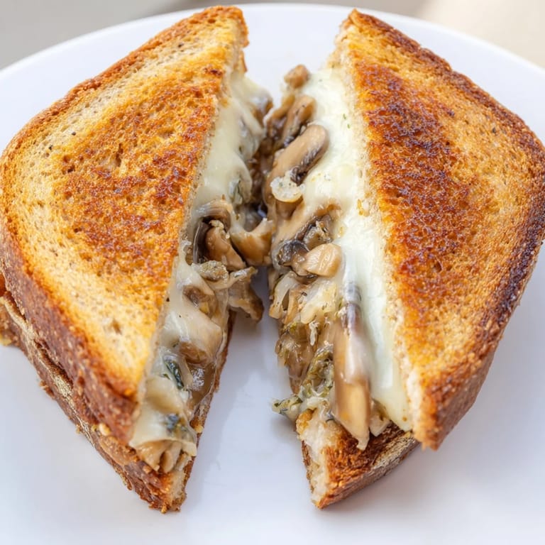 A warm Mushroom Swiss Grilled Cheese sandwich with golden crust, melted Swiss cheese, and sautéed mushrooms on a plate.