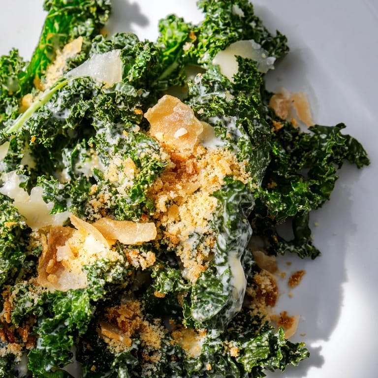 Close-up of fresh kale coated in garlic-Parmesan dressing, featuring crispy panko crumbs and a sprinkle of shaved cheese.