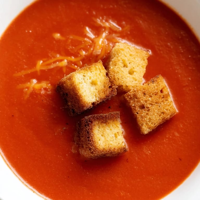 Velvety Roasted Tomato Soup with Grilled Cheese Croutons topped with melting cheddar and herbs.