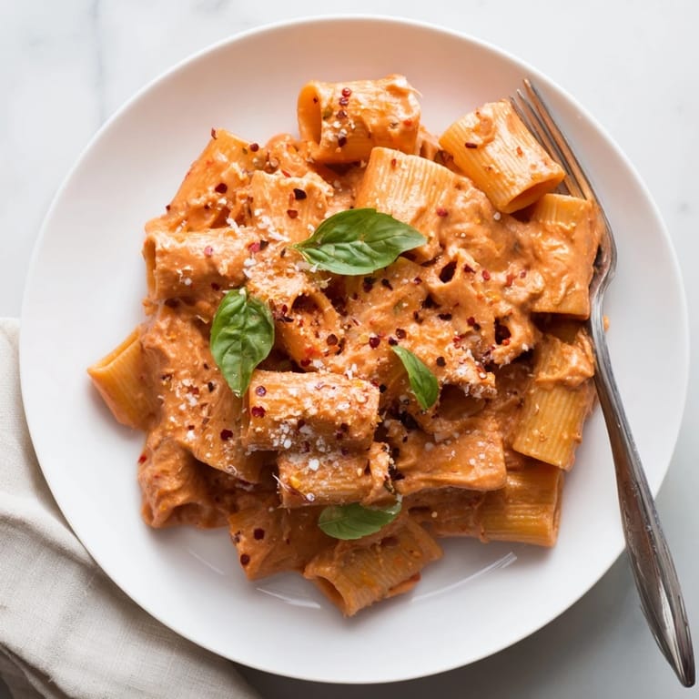 Close-up of spicy rigatoni pasta coated in velvety red sauce, garnished with fresh herbs and cheese.