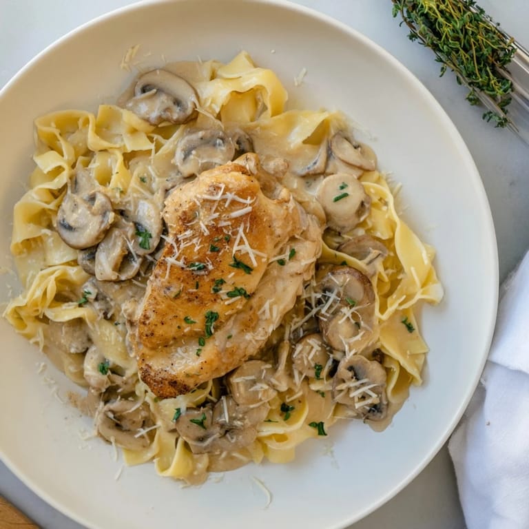 Creamy Chicken Marsala plated with tender chicken, earthy cremini mushrooms, and a velvety Marsala wine sauce.  