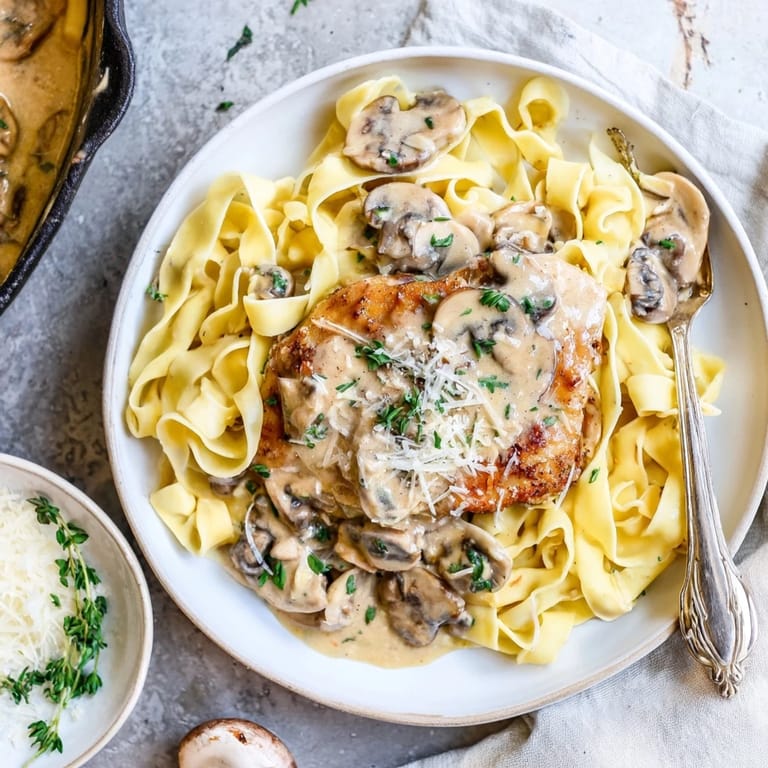 A close-up of Creamy Chicken Marsala, highlighting juicy chicken and fresh parsley garnish on pasta.