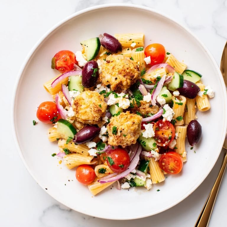Enjoy a hearty serving of Crispy Chicken Greek Pasta, topped with crunchy chicken, Kalamata olives, and a zesty herb dressing.