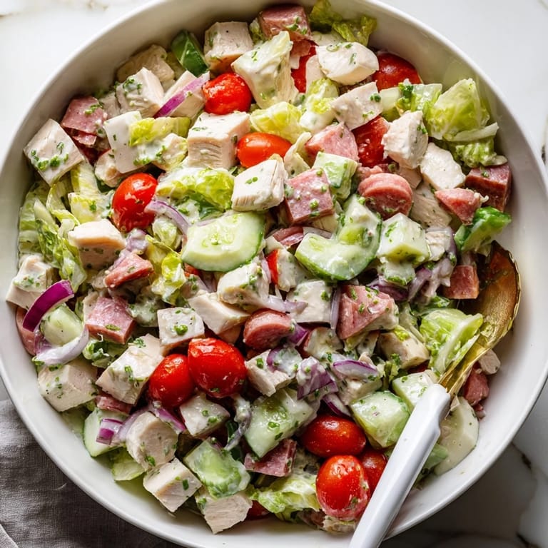 Colorful Italian Deli Chopped Chicken Salad garnished with red onion and cucumber, served ready to enjoy as a satisfying gluten-free main dish.