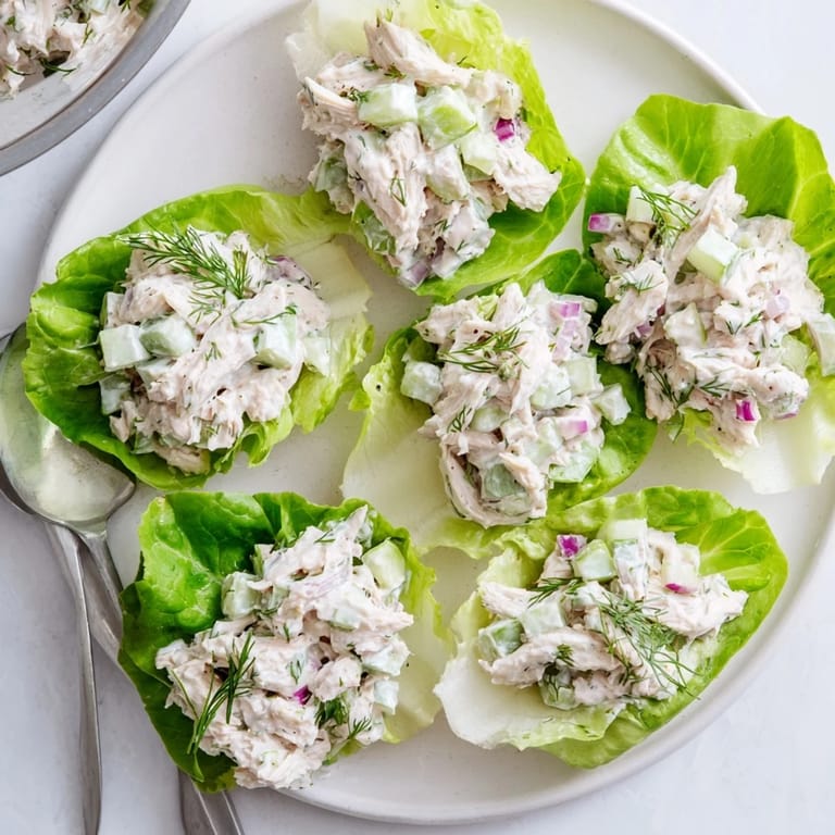 Savory Dill Pickle Chicken Salad Lettuce Cups served on a platter, perfect for a light lunch or party appetizer.