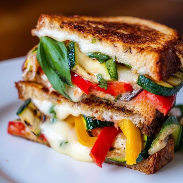 A close-up of the Roasted Veggie Caprese Grilled Cheese showing molten cheese stretching between layers of roasted vegetables and ripe tomato.  