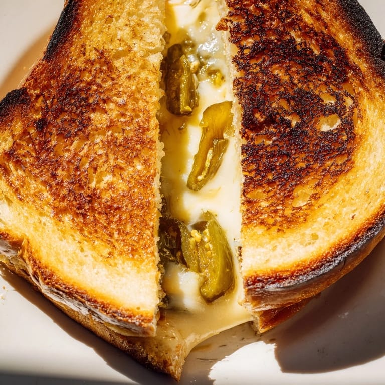 Golden grilled sourdough cradles molten pepper jack cheese, scattered with chopped pickled jalapeños for a spicy, melty Jalapeño Pepper Jack Grilled Cheese.