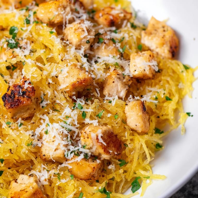 Tender lemon garlic chicken served over golden spaghetti squash with a sprinkle of Parmesan.