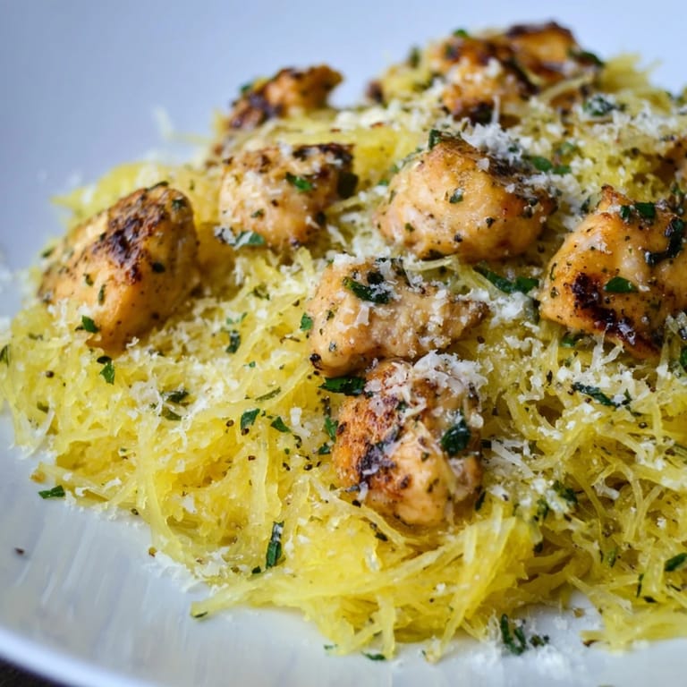 Healthy gluten-free dinner with lemon garlic chicken and roasted spaghetti squash, garnished with parsley.