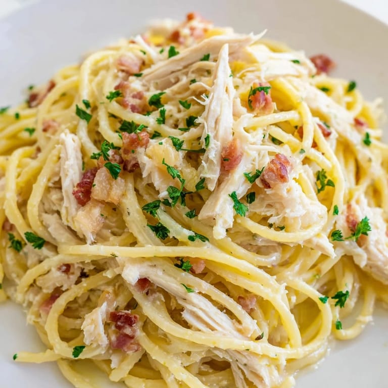 Golden shredded chicken and crispy bacon mixed into creamy Chicken Carbonara, served in a rustic bowl.