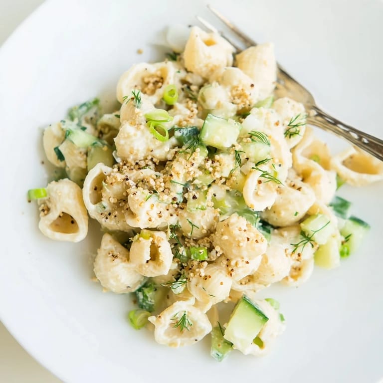 A close-up view shows diced cucumbers, green onions, and dill mixed into small shells, all topped with everything bagel seasoning. 