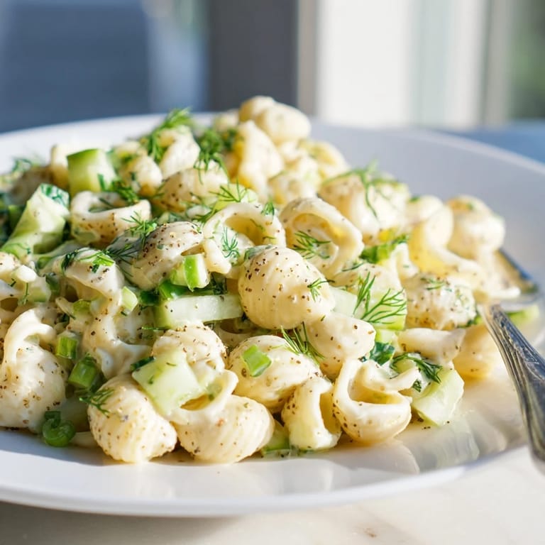 Chilled pasta salad with crisp cucumbers and fresh dill, served in a white bowl, ready for a backyard barbecue side dish.
