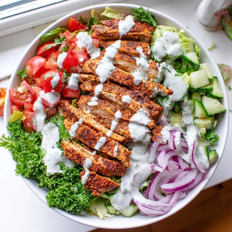 Golden, charred chicken thighs over a colorful salad, drizzled with creamy garlic sauce, make an easy, gluten-free Chicken Shawarma Salad Bowl for lunch.