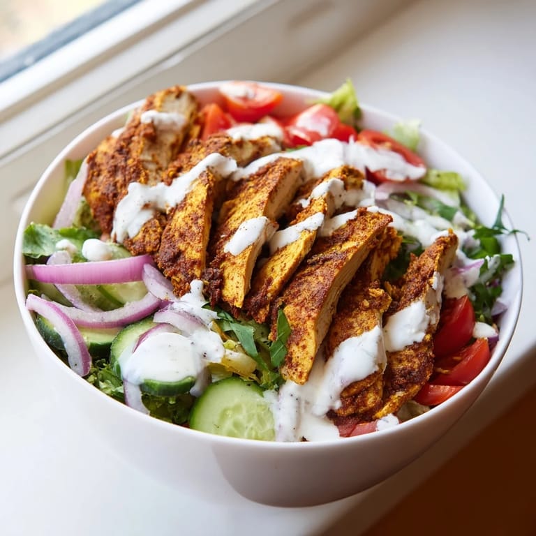 A fresh bowl of Chicken Shawarma Salad Bowl features tender spiced chicken, crunchy veggies, and a tangy yogurt garlic sauce for a satisfying dinner.