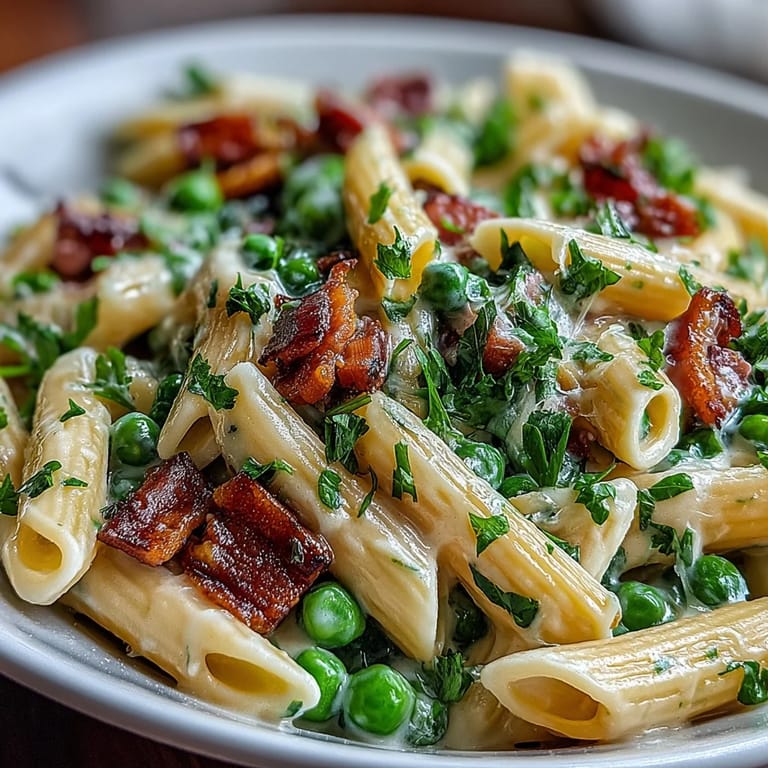 Spring Pea & Ham Pasta served in a white bowl, garnished with fresh parsley and a light dusting of grated cheese.