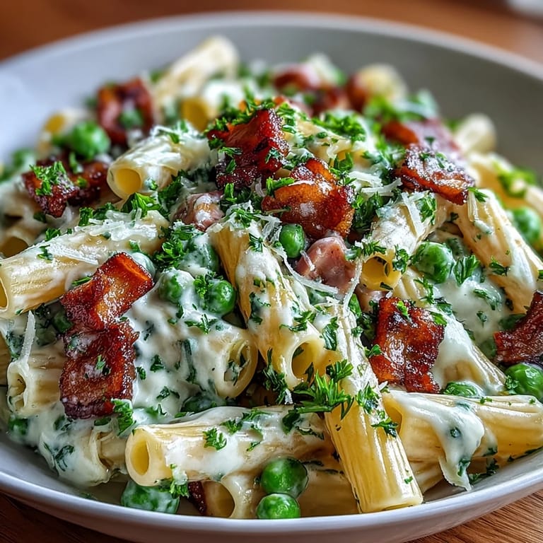 Steam rises from a skillet of Spring Pea & Ham Pasta, featuring tender peas, savory ham, and a glossy cream sauce.