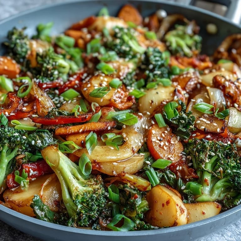 Quickly sautéed aromatics of ginger and garlic pair with toasted sesame seeds and green onions, serving this fusion stir-fry family-style for nourishing comfort.