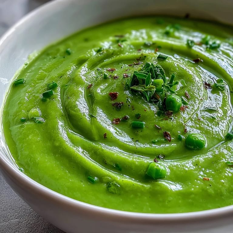 A steaming bowl of courgette, pea and pesto soup features a bright green puree topped with a dollop of crème fraîche.