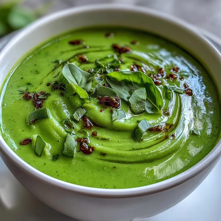 Ladle of courgette, pea and pesto soup with visible peas and zucchini pieces served alongside crusty artisan bread slices.