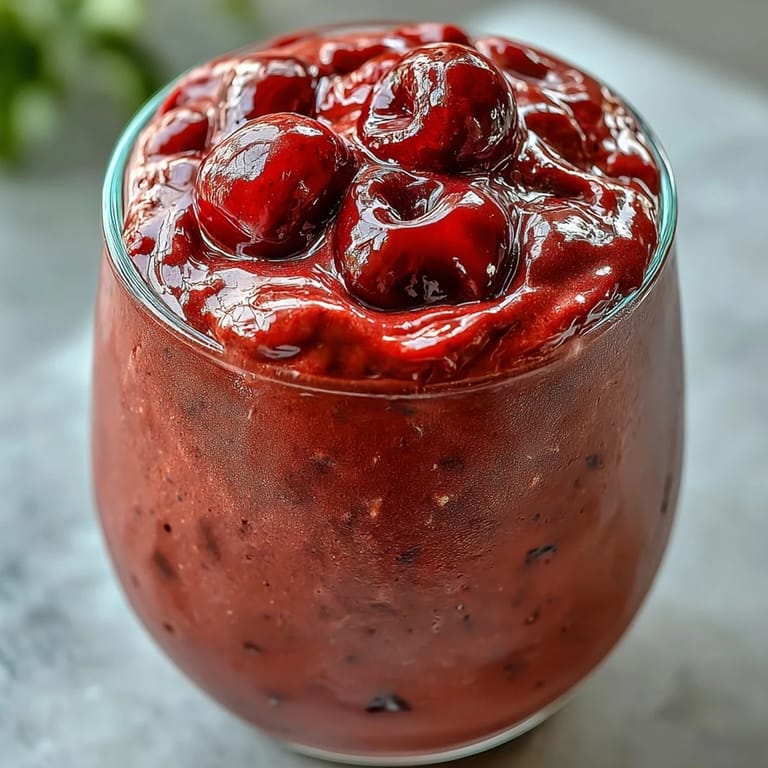 This creamy Cherry Almond Smoothie is poured into a clear glass, showing its vibrant red color and thick texture.
