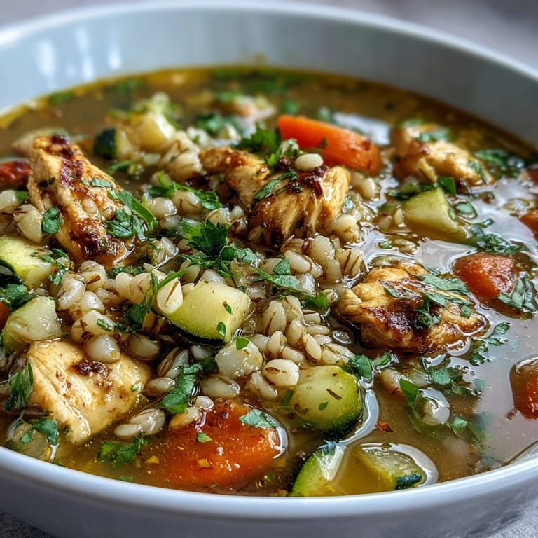Bright yellow Soothing Turmeric Chicken With Pearl Barley soup with tender vegetables and herbs on a wooden table.