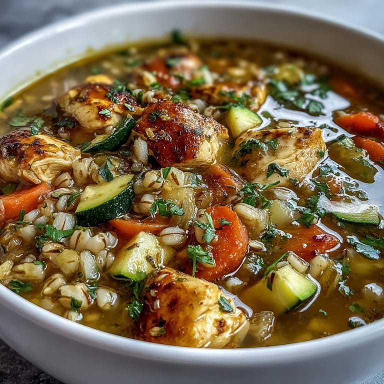 A steaming bowl of Soothing Turmeric Chicken With Pearl Barley, perfect with crusty bread for dipping.  