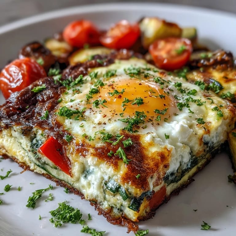 Hearty High-Protein Sheet Pan Eggs With Cottage Cheese and Veggies, baked golden and served as warm meal-prep squares.  