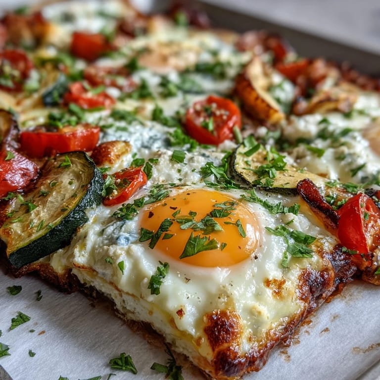 Golden High-Protein Sheet Pan Eggs With Cottage Cheese and Veggies, loaded with spinach, tomatoes, and bell peppers for breakfast.
