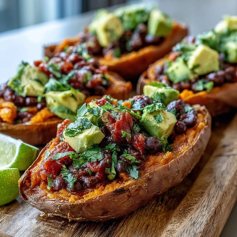 Hot Roasted Sweet Potatoes With Chipotle Black Beans and Zesty Tomato Salsa plated with fresh cilantro and lime.