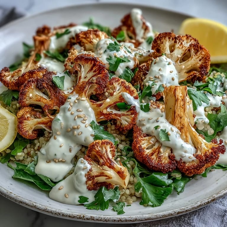 Tender cauliflower roasted to caramelized perfection sits on vibrant lemon lentils, garnished with fresh parsley, sesame seeds, and a drizzle of savory tahini yogurt.