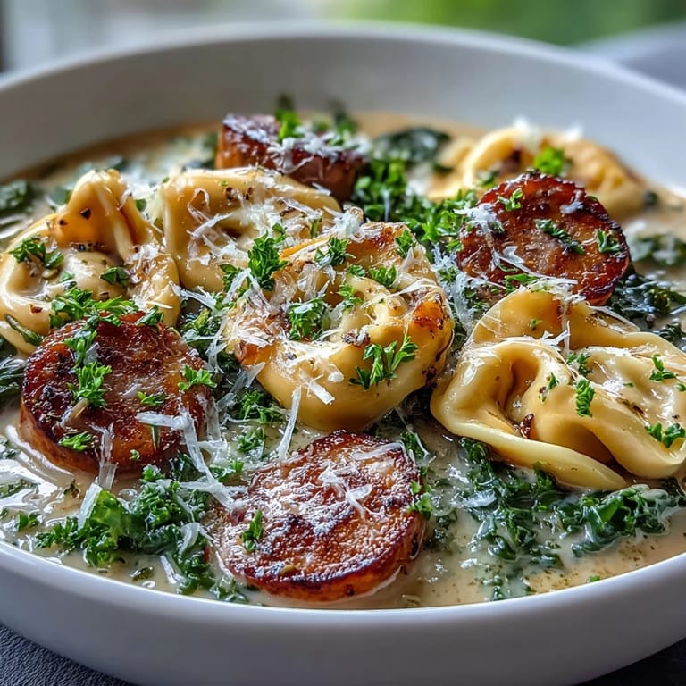 Close-up of Pumpkin Tortellini Soup with chicken sausage, kale, and Parmesan garnish.