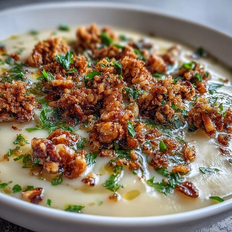 Creamy Celeriac Soup with Hazelnut Crumble served beside a glass of white wine and crusty bread on a rustic table.