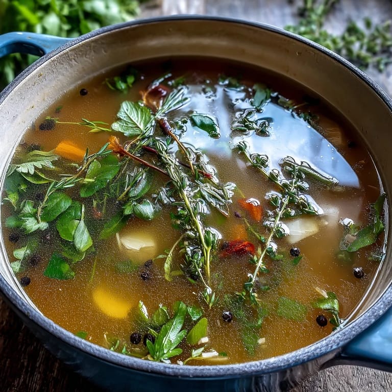 A fine-mesh sieve straining golden Vegetable Broth From Scraps into a glass bowl, removing cooked vegetable scraps.