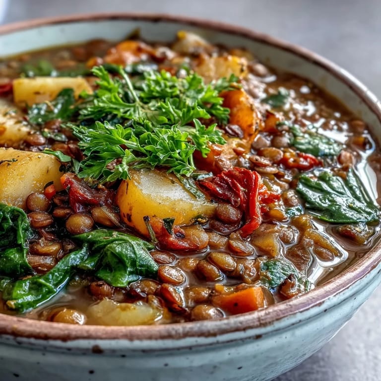 Vegetarian Lentil Stew served in a white bowl with a lemon wedge and fresh parsley garnish, paired with crusty bread on a linen napkin.