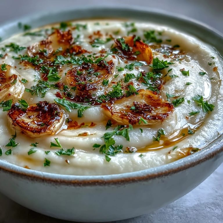 A ladle of rich Roasted Garlic Soup pours smoothly next to a slice of toasted bread.
