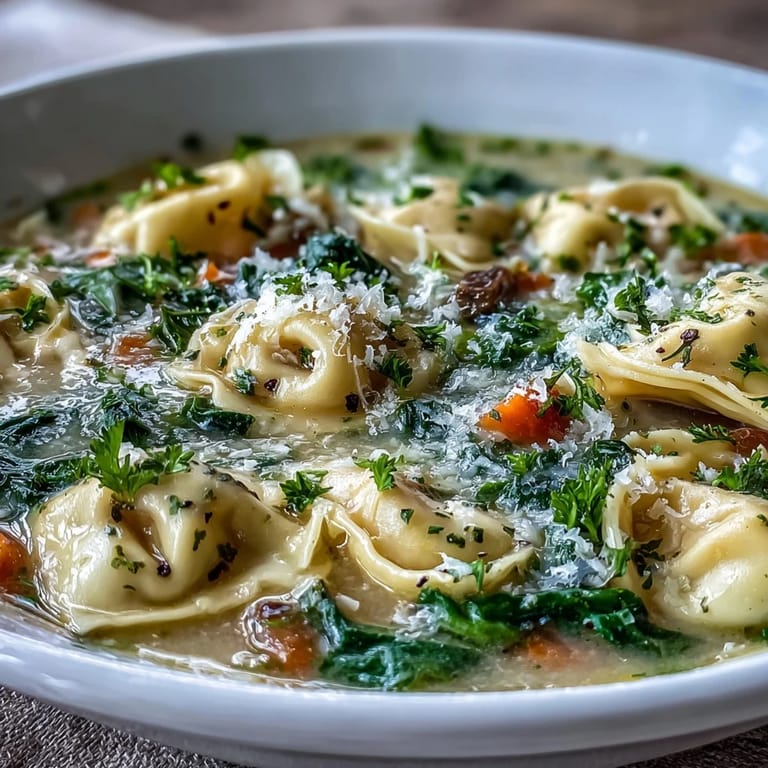 Close-up of creamy Easy Tortellini Soup with Chicken Broth, featuring tender cheese tortellini, carrots, celery, and wilted spinach.