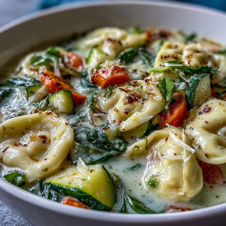 A spoon dipping into Creamy Vegetable Tortellini Soup, revealing rich broth, tender cheese tortellini, and fresh herbs with crusty bread.