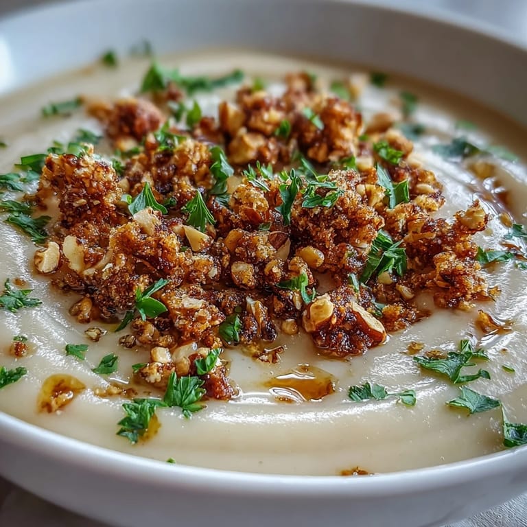 Golden hazelnut crumble sprinkled over silky smooth Celeriac Soup, ready to be enjoyed hot from the pot.