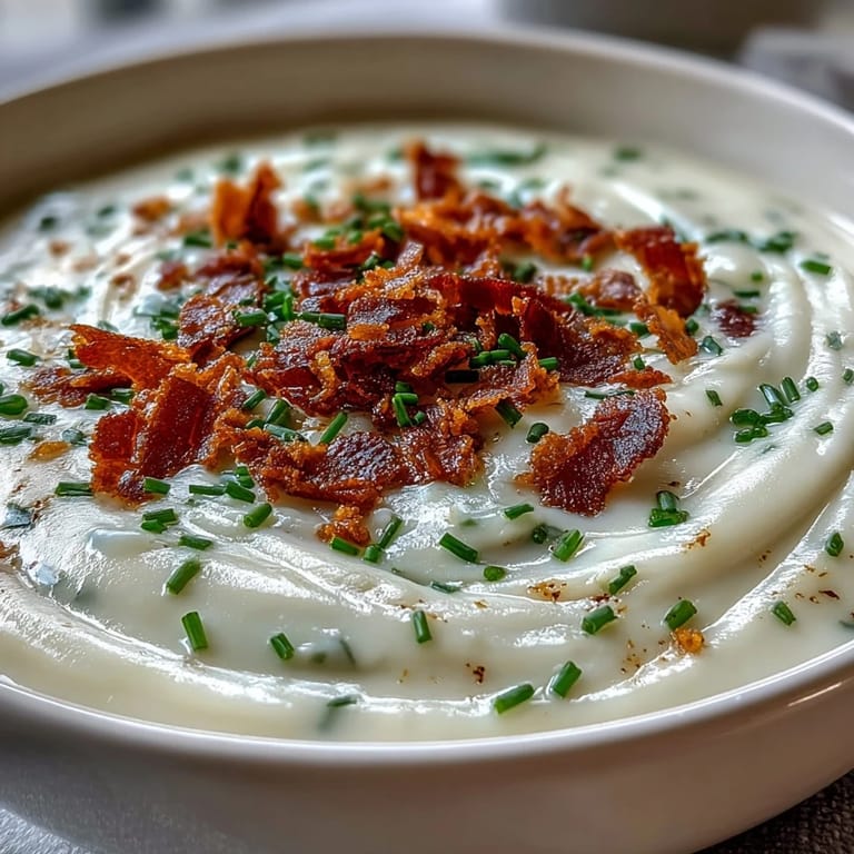 A close-up of velvety Creamy Celeriac Soup with Crispy Bacon, showing rich texture and savory crumbles on top, ready to enjoy.