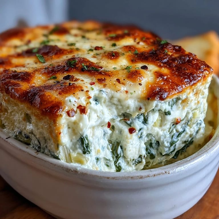Golden-brown Spinach Artichoke Dip from the oven, bubbling, with a wooden spoon for serving, beside sliced bread.