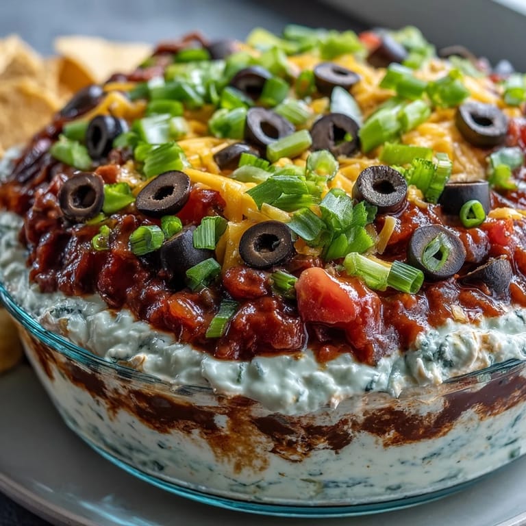 A colorful 4-Way Layered Dip served in a glass bowl with tortilla chips for dipping.