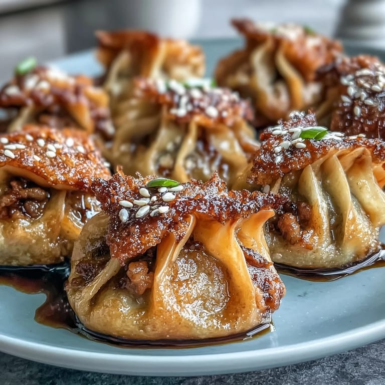 Golden-brown Smash Dumplings served on a white plate with a small dipping sauce bowl.