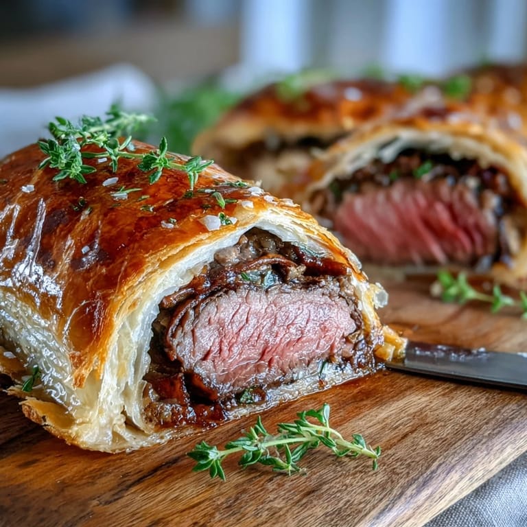 Whole Beef Wellington resting on a cutting board with a sharp chef's knife, ready to serve for a festive dinner party or special occasion.