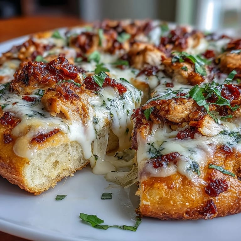 Close-up of Marry Me Chicken Pizza with gooey mozzarella and rich sauce on a wooden board.